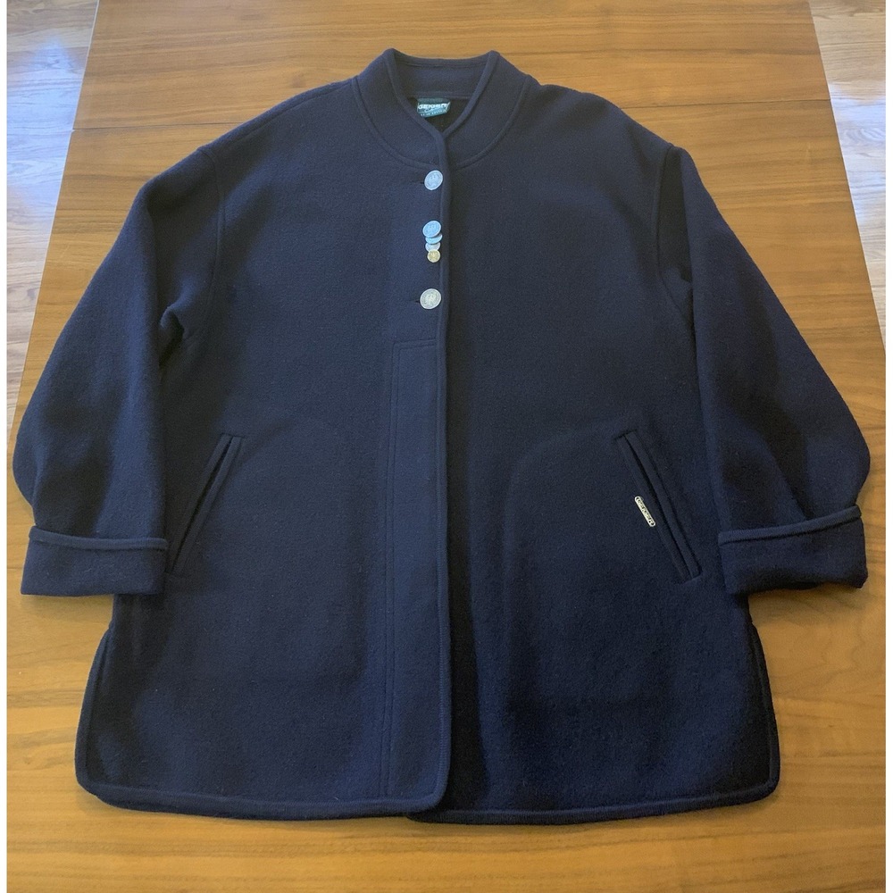 Vintage Geiger Austria Wool Jacket Womens Sz 40 XL Navy Blue Long Walking Coat
